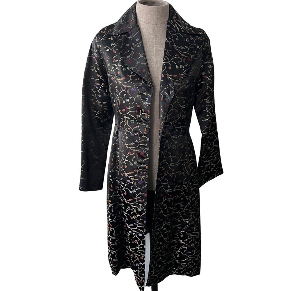 Y2K Anne X Black Satin Embroidered Long Blazer Jacket Car Pea Coat